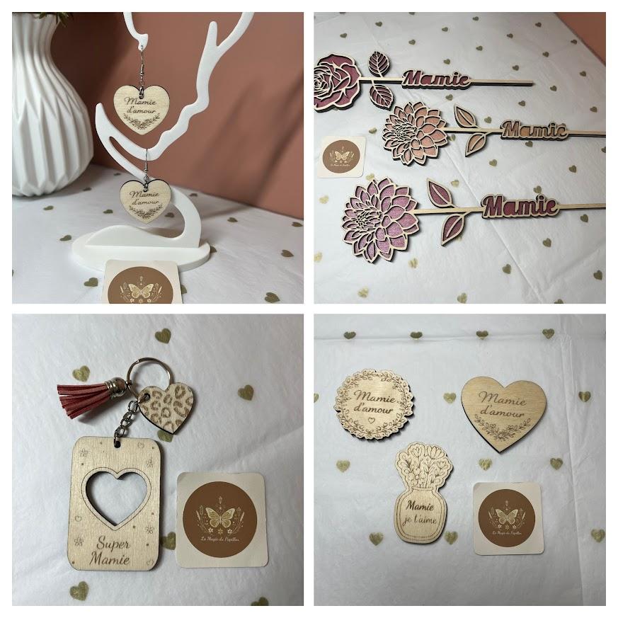 Création artisanale en bois et impression 3D. Aimant, porte clé, boucle d'oreille, cadre. Fête des mamies, fête des mamans, fête des papas, Noël, Pâques, anniversaire, fin d'année scolaire, baptême. 