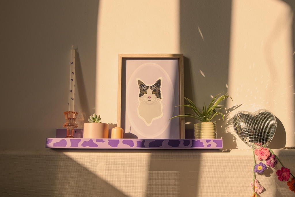 Étagère violette au motif vache, parfaite pour un intérieur vitaminé et original. Plantes, pots et accessoires déco soigneusement sélectionnés pour booster ton humeur et créer une ambiance dopamine unique. Idéal pour les amoureux de déco colorée et fun, qui aiment mixer plantes et accessoires ludiques dans leur intérieur.