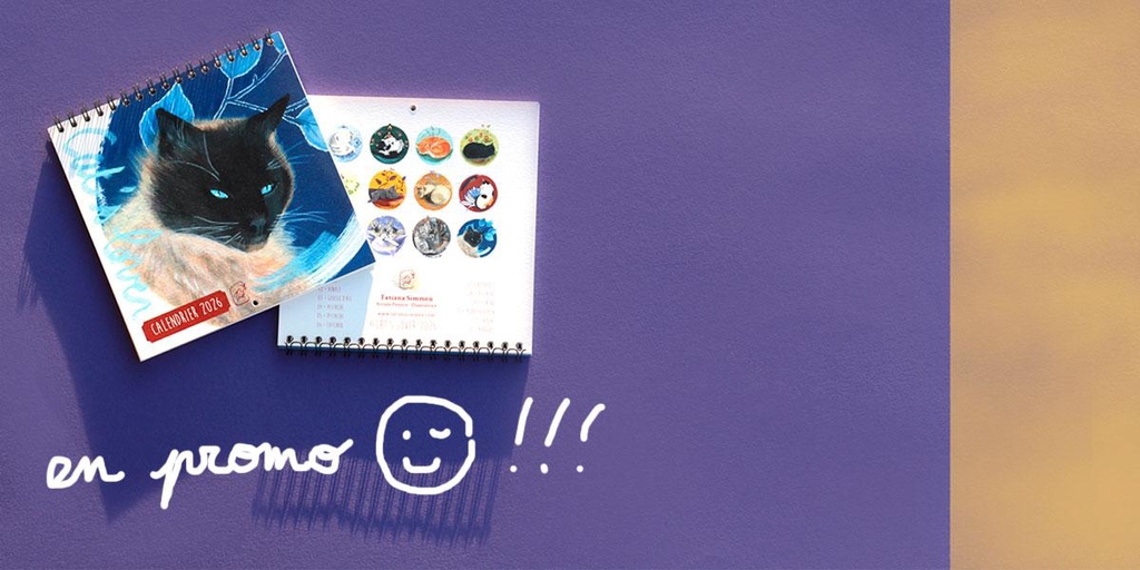 Calendrier 2026 de 12 chats peints à la gouache.