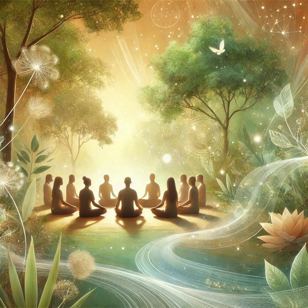  une atmosphère paisible et harmonieuse représentant la connexion avec les autres et l'équilibre intérieur. Elle reflète l'idée de sérénité partagée dans un cadre naturel apaisant. 