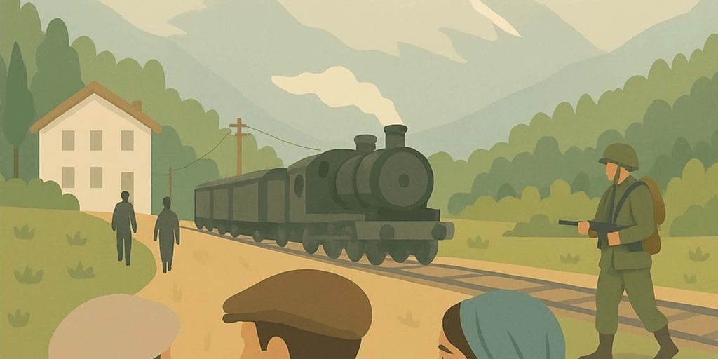 Un train dans la montagne dans les Landes et Pyrénées-Atlantiques, pendant la seconde guerre mondiale, extrait de la couverture du dernier roman historique de l'auteure Aurélie Dugast.