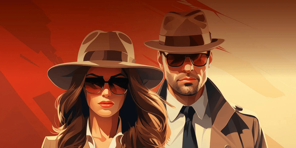 Deux enquêteurs de police avec chapeaux et pardessus - Les héros du premier roman de l'auteure Aurélie Dugast : "N°4 Les Génies du Sud". Plongez au cœur de l’âme humaine et découvrez une histoire captivante, des personnages attachants et des rebondissements. Chut ! Ici, le suspense et l’amour règnent en maître.