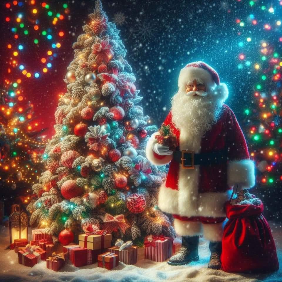 Christmas lights, Christmas Tree, Sanata holding a small red box, more christmas lights
