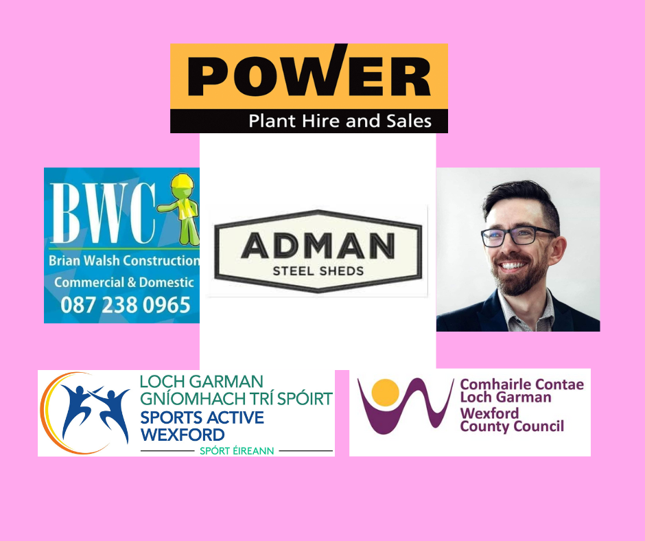 Image shows a collage of photos and logos of the club sponsors. Image includes the logos of Power Plant Hire and Sales, Adman Steel Sheds, Brian Walsh Construction, Sports Active Wexford and Wexford County Council. It also shows the photograph of Cllr. Leonard Kelly.