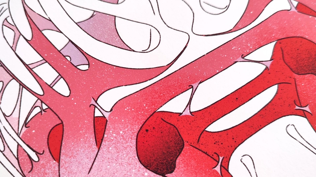 Détail de l'illustration viscérale et anatomique "Étreinte", par synopsies.