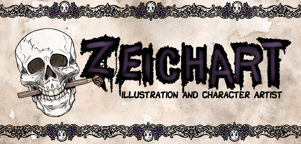 Header picture depicting a skull with a brush in it's mouth. Ornamental purple and white skulls and flowers decorate top and bottom of image.  Title reads: Zeichart, illustration and character artist.