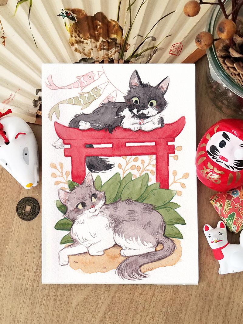Portrait illustré de chats dans un jardin japonais