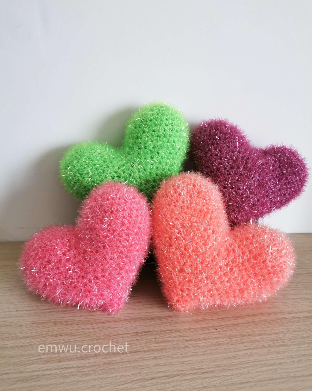 4 éponges en forme de coeur en crochet vert rose abricot violine