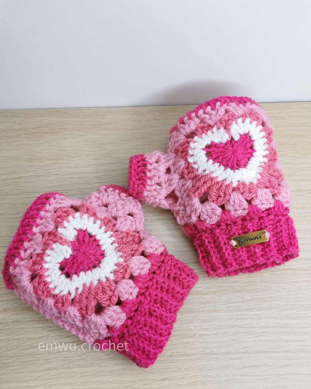 mitaines crochet rose et blanc