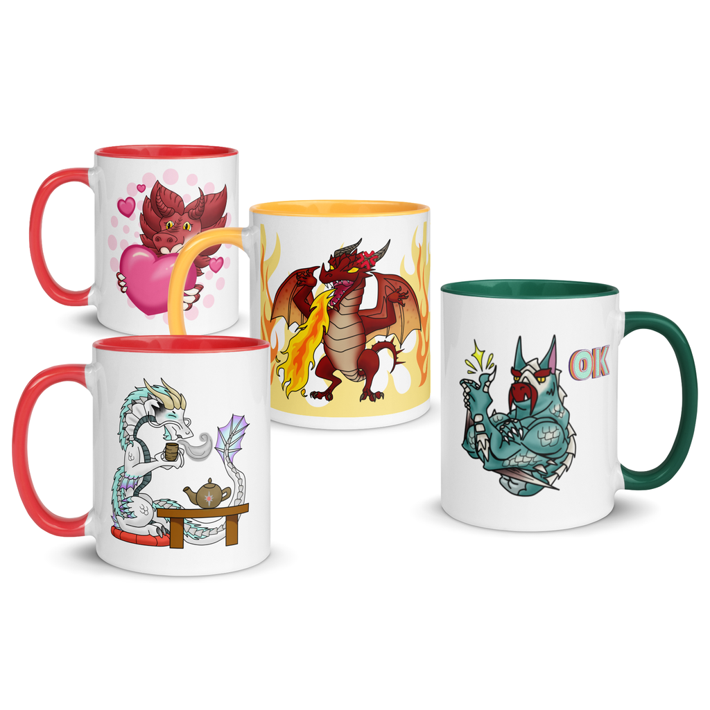 Tassen mit bunten Farben und Drachen drauf.