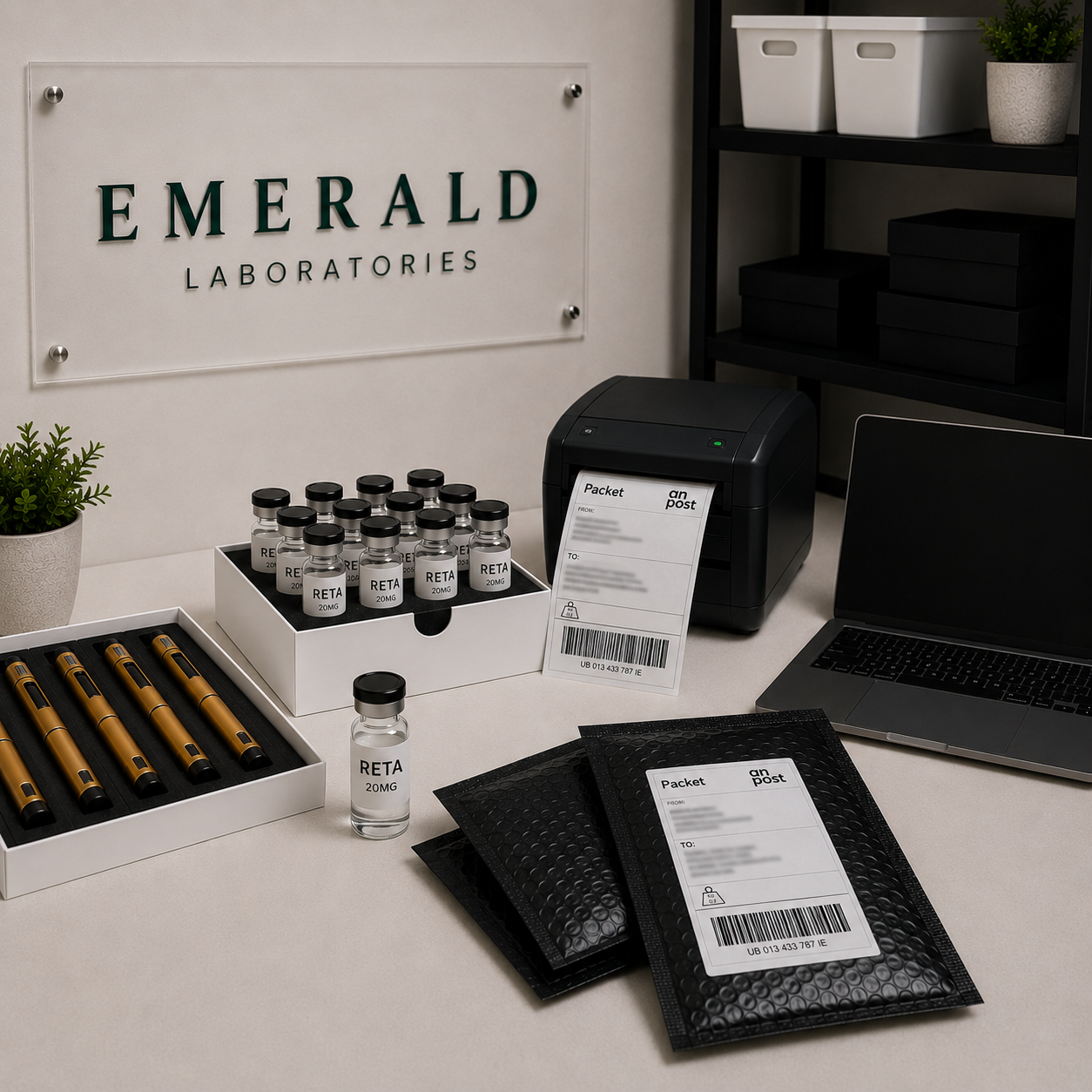 Emerald Labs Ireland packing station with Reta peptide stock prepared for fast dispatch