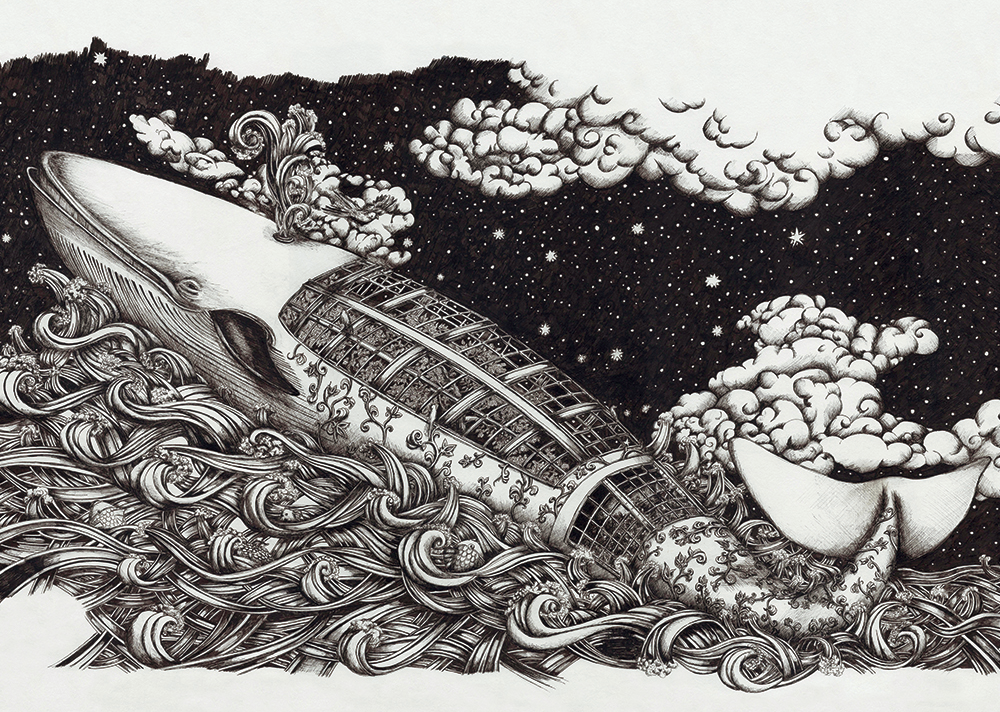 Illustration baleine sibylle dodinot steampunk noir&blanc encre de chine