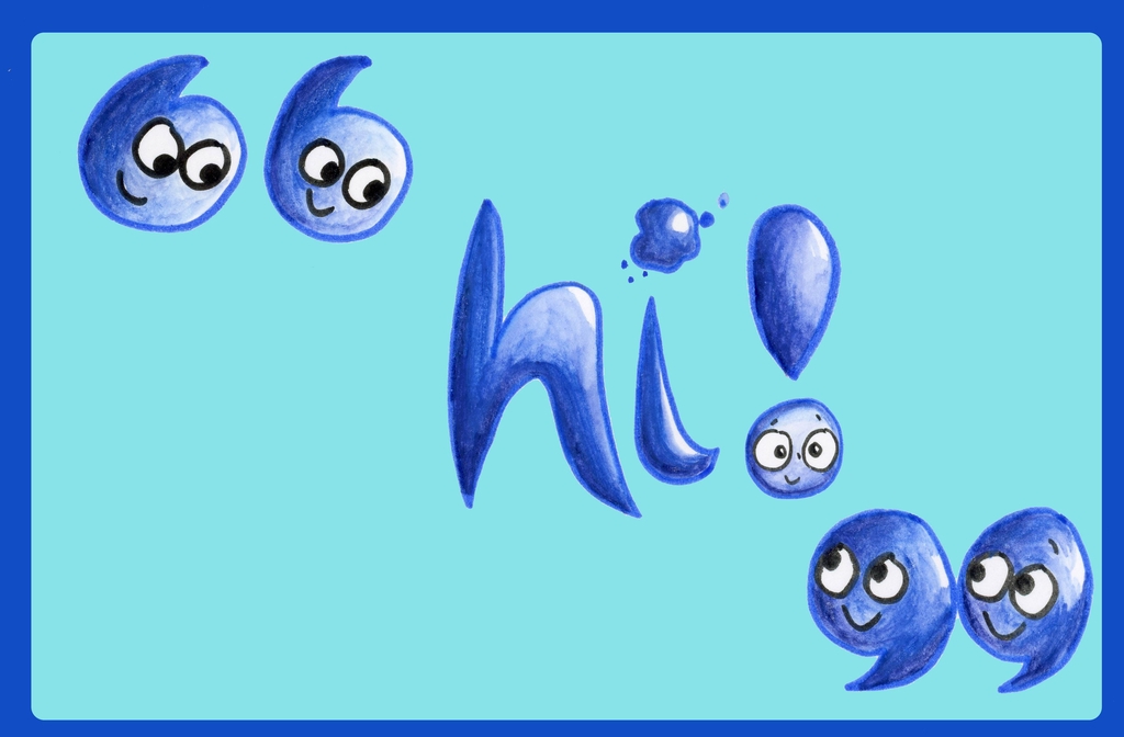 Cute punctuation observes the letters 'hi' written in blue