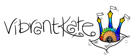 VibrantKate in handwriting next to a castle made from fountain pen towers, a rainbow sharpening building and floating on a magic carpet of a piece of paper