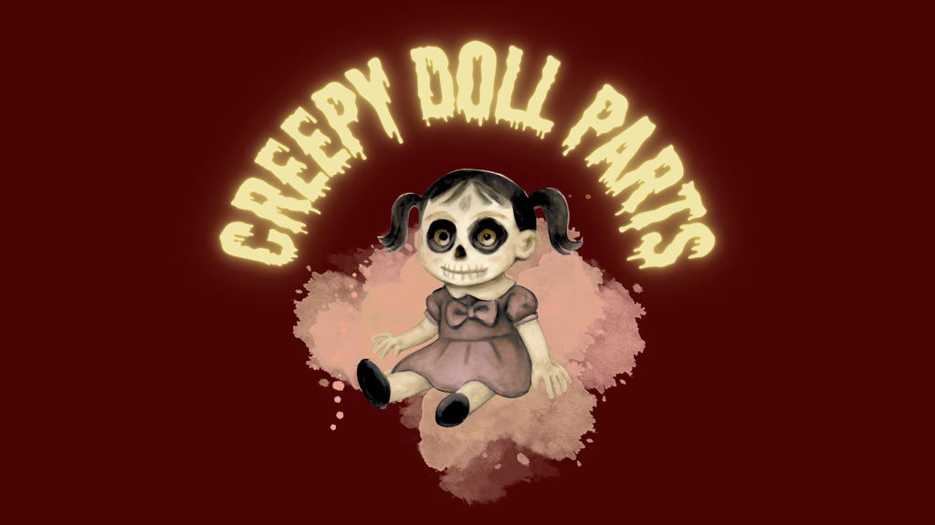 Creepy Doll Parts logo with creepy doll image on Burgundy Background with Pink paint splash.