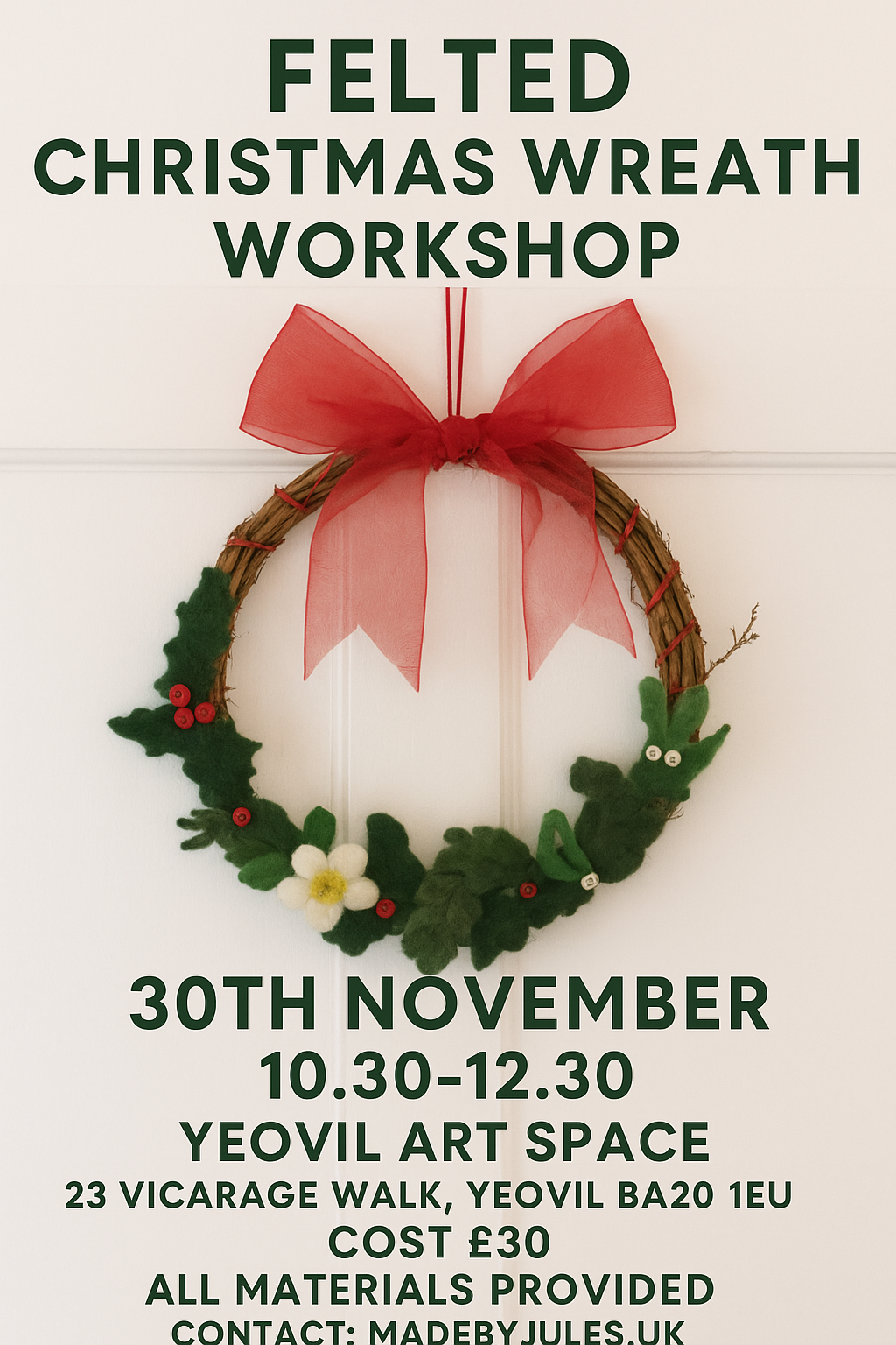 Embrace the season and come along to make a wreath that you've made yourself and will become part of your Christmas for years to come. 
- I'll show you how to wet felt leaves from wool fibre
- there's a little basic hand sewing
- add buttons for the berries
- all materials provided
- bring your own refreshments 