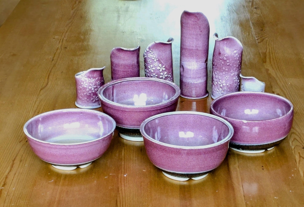 Pink glazed pots with Bronze chatter pattern