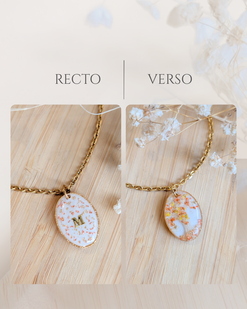 Collier souvenir personnalisé avec poils de chien, initiale, fleurs séchées et feuille dorée sur fond blanc nacré