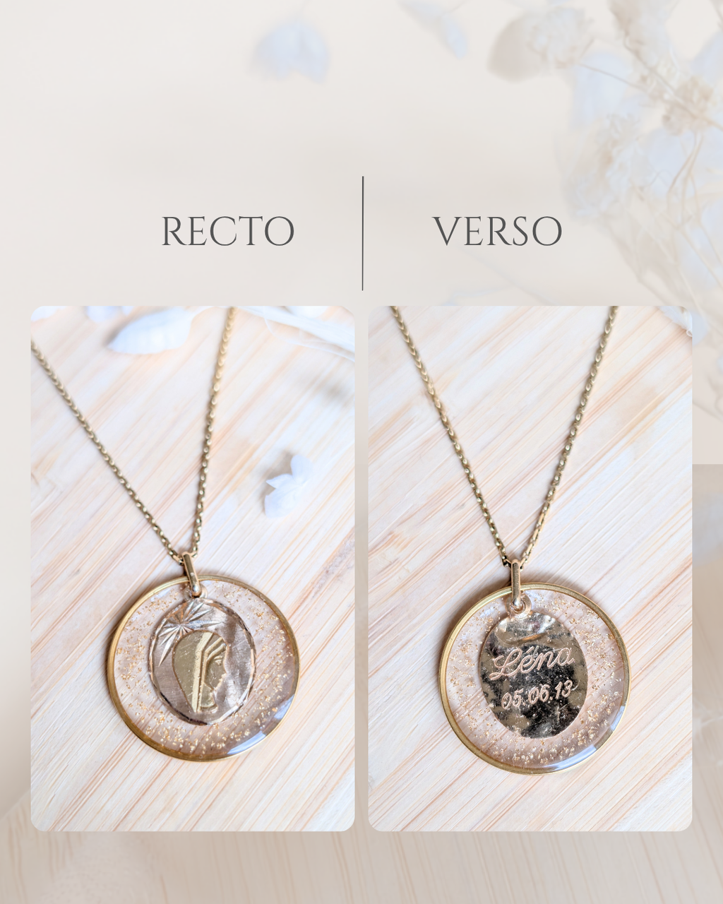 Collier personnalisé avec médaillon de baptême préservé dans la résine et sublimé de feuilles dorées