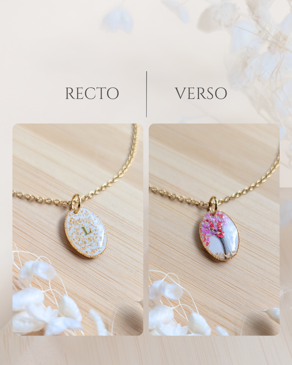 Collier souvenir personnalisé avec poils de chien, initiale, fleurs séchées et feuille dorée sur fond blanc nacré