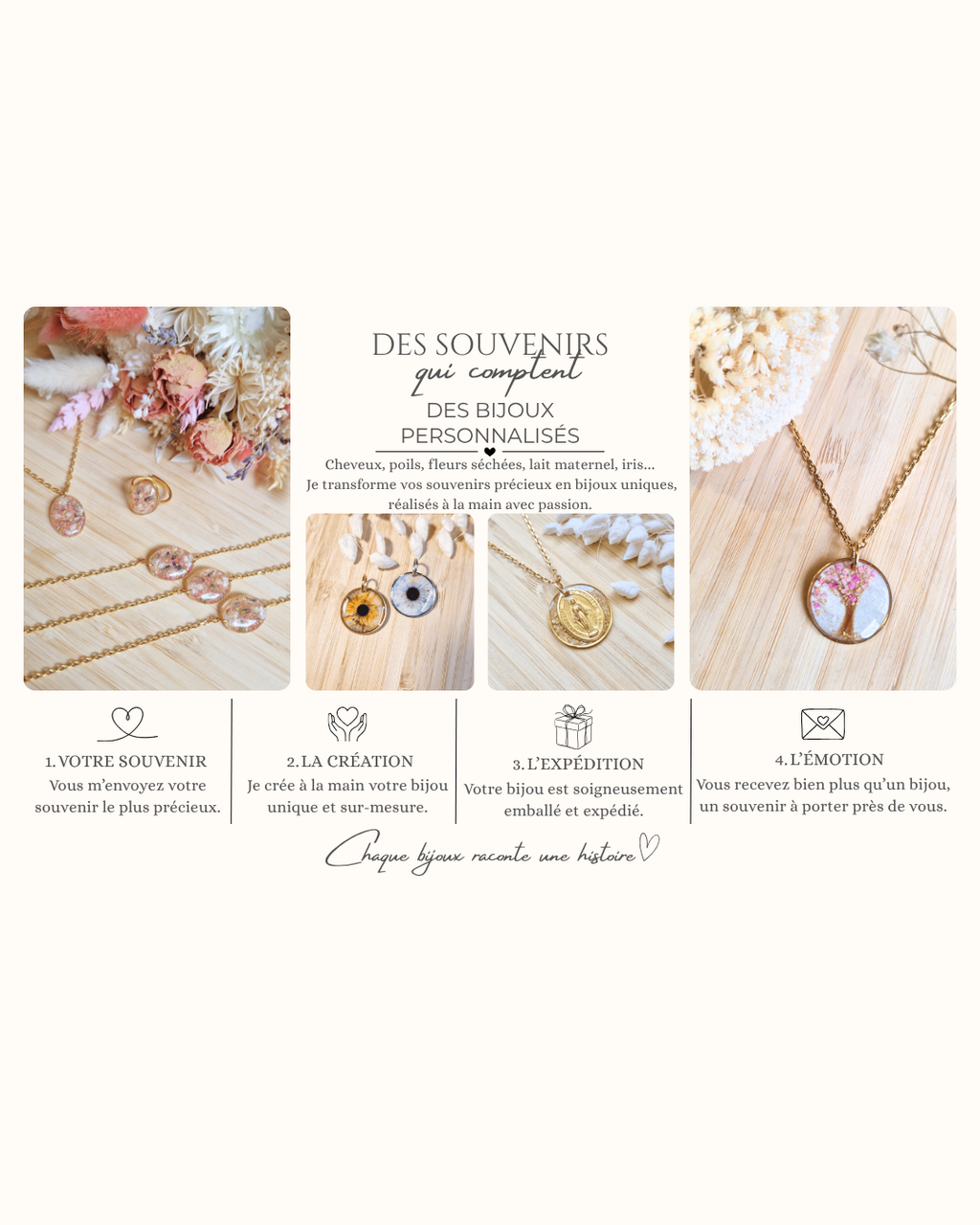 Bijoux personnalisés – Des souvenirs uniques à porter
Chez Créa’Mélimélo, je transforme vos souvenirs les plus précieux en bijoux personnalisés uniques et faits main. Une mèche de cheveux, les poils de votre animal, des fleurs séchées, du lait maternel ou encore une photo d’iris peuvent être intégrés dans une création réalisée spécialement pour vous.
Chaque bijou souvenir est imaginé et fabriqué avec soin dans mon atelier, pour conserver près de vous une personne, un animal, un moment ou une histoire qui vous est chère.
Collier, bracelet, boucles d’oreilles ou autre création sur mesure, choisissez la forme et le style qui vous ressemblent et confiez-moi votre souvenir. Je m’occupe de le transformer en un bijou unique, chargé de sens et d’émotion.
Votre souvenir devient un bijou. Votre histoire reste près de vous.