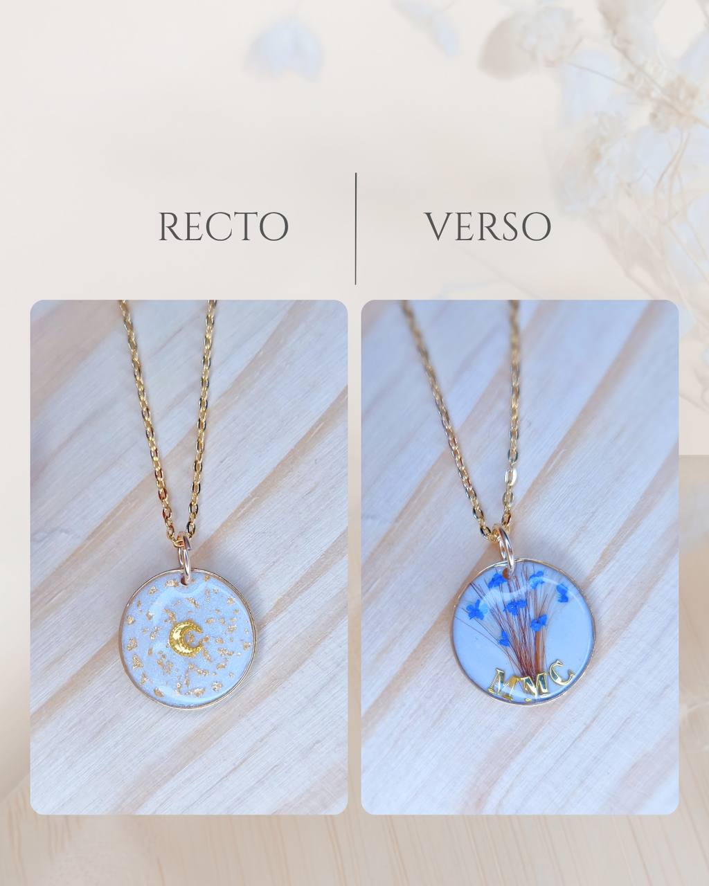 Collier souvenir personnalisé avec les mèches de cheveux de deux enfants, initiale, étoile et feuille argentées sur fond blanc nacré