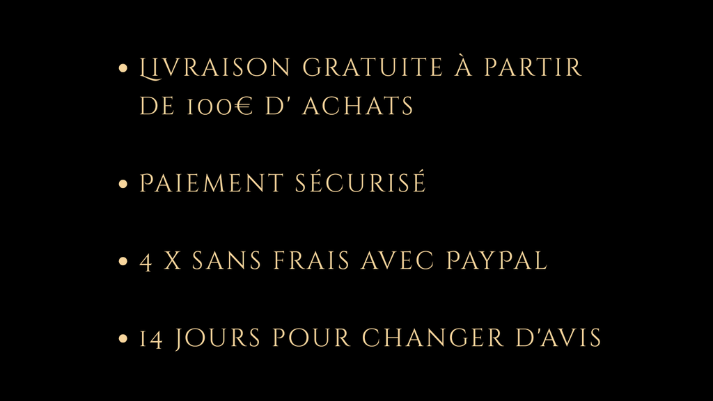 Livraison gratuite à partir de 100€ d' achats
Paiement sécurisé
Possibilité de régler en 4 x sans frais avec PayPal
14 jours pour changer d'avis
