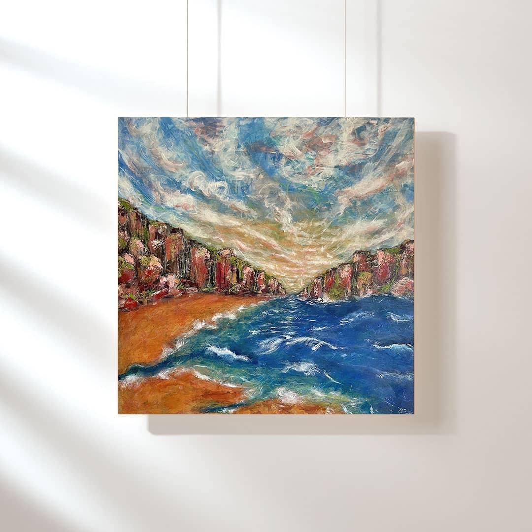 Abstract painting of a cliffside beach with a blue sea, scattered clouds, and a stunning sunrise. Dreamlike coastal landscape art.