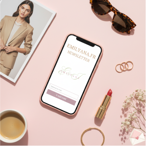 alt="Smartphone rose affichant la newsletter Emilyana.fr sur une table lifestyle chic avec café et accessoires féminins"
