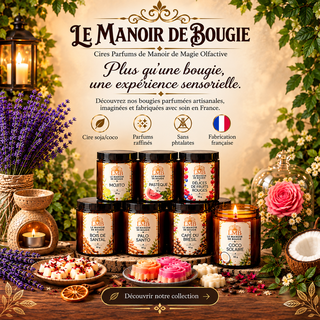 Bienvenue au Manoir de Bougie
L’Art de la Cire Parfumée Artisanale

Plongez dans l’univers enchanteur du Manoir de Bougie, où chaque création est une invitation à la détente et à l’évasion olfactive.

Notre collection de cires parfumées artisanales et de bougies apothicaires est le fruit d’un savoir-faire passionné, imaginée pour sublimer votre intérieur et créer une atmosphère chaleureuse et parfumée.

Découvrez nos Trésors de Cire

🌹 Fondants Roses Élégants
De délicates roses bicolores en cire, mêlant des teintes de rose tendre et de jaune pâle, prêtes à libérer leurs arômes envoûtants.

🌿 Carrés Botaniques
Des carrés de cire blanche délicatement incrustés de pétales de rose séchés, pour une expérience aussi belle qu’olfactive.

🎁 Formes Gourmandes & Ludiques
Paquets cadeaux mauves et blancs, étoiles scintillantes et cœurs délicats, disponibles dans de jolies nuances de rose et de jaune.

🕯️ Bougies Apothicaires
Inspirées de l’univers traditionnel des anciennes officines, nos bougies apothicaires associent élégance, authenticité et parfums raffinés. Présentées dans un esprit vintage et intemporel, elles apportent une touche chaleureuse et sophistiquée à votre intérieur.

L’Expérience du Brûleur

Au cœur de notre présentation, un brûleur en céramique diffuse doucement la chaleur d’une bougie chauffe-plat et fait fondre délicatement l’un de nos précieux fondants.

La cire se liquéfie lentement et libère ses fragrances exquises, créant une atmosphère chaleureuse, douce et accueillante.

Une Ambiance Naturelle & Authentique

Nos créations sont présentées dans un décor rustique, chaleureux et naturel, entourées d’éléments qui évoquent les ingrédients de nos parfums :

Lavande séchée • Roses anciennes • Bâtons de cannelle • Pommes de pin

Les bougies allumées en arrière-plan et la guirlande lumineuse apportent une touche de magie à cet instant de bien-être, sous le regard de notre enseigne en bois vieilli :

« Le Manoir de Bougie »
✨ Laissez la magie olfactive opérer

Transformez votre maison en un véritable havre de paix avec les créations artisanales du Manoir de Bougie.

Fondants parfumés • Bougies artisanales • Bougies apothicaires

Des créations faites avec passion, pour parfumer chaque instant.