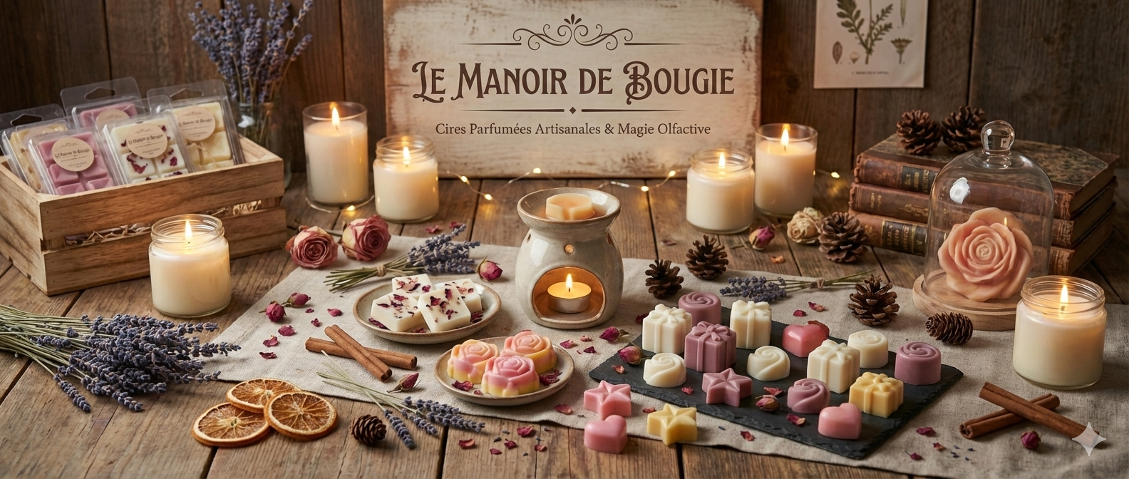 Bienvenue au Manoir de Bougie : 
L'Art de la Cire Parfumée Artisanale

Plongez dans l'univers enchanteur du Manoir de Bougie, où chaque création est une invitation à la détente et à l'évasion olfactive. Notre collection de cires parfumées artisanales, fièrement présentée ici, est le fruit d'un savoir-faire passionné, dédié à sublimer votre intérieur.

Découvrez nos Trésors de Cire :

Fondants Roses Élégants : Admirez nos délicates roses bicolores en cire, mêlant des teintes de rose tendre et de jaune pâle, prêtes à libérer leurs arômes envoûtants.

Carrés Botaniques : Laissez-vous séduire par nos carrés de cire blanche, incrustés de pétales de rose séchés, pour une expérience visuelle et olfactive unique.

Formes Gourmandes et Ludiques : Explorez notre assortiment de fondants aux formes variées : des paquets cadeaux mauves et blancs, des étoiles scintillantes et des cœurs tendres, disponibles dans des nuances de rose et de jaune.

L'Expérience du Brûleur :

Au cœur de notre présentation, un brûleur en céramique diffuse doucement la chaleur d'une bougie chauffe-plat, faisant fondre l'un de nos précieux fondants. Observez la cire se liquéfier lentement, libérant ses fragrances exquises dans l'air, créant une atmosphère chaleureuse et accueillante.

Une Ambiance Naturelle et Authentique :

Nos créations sont mises en scène dans un décor rustique et chaleureux, entourées d'éléments naturels qui rappellent les ingrédients de nos parfums : des brins de lavande séchée, des roses anciennes, des bâtons de cannelle et des pommes de pin. Les bougies allumées en arrière-plan et la guirlande lumineuse ajoutent une touche de magie à cet instant de bien-être, sous le regard bienveillant de notre enseigne en bois vieilli, "Le Manoir de Bougie".

Laissez la magie olfactive opérer et transformez votre maison en un havre de paix avec les créations du Manoir de Bougie.