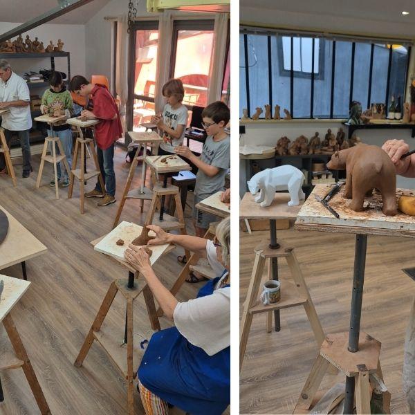 Deux photos, l'une représentant un atelier en famille, l'autre représentant une sculpture d'ours en cours de création