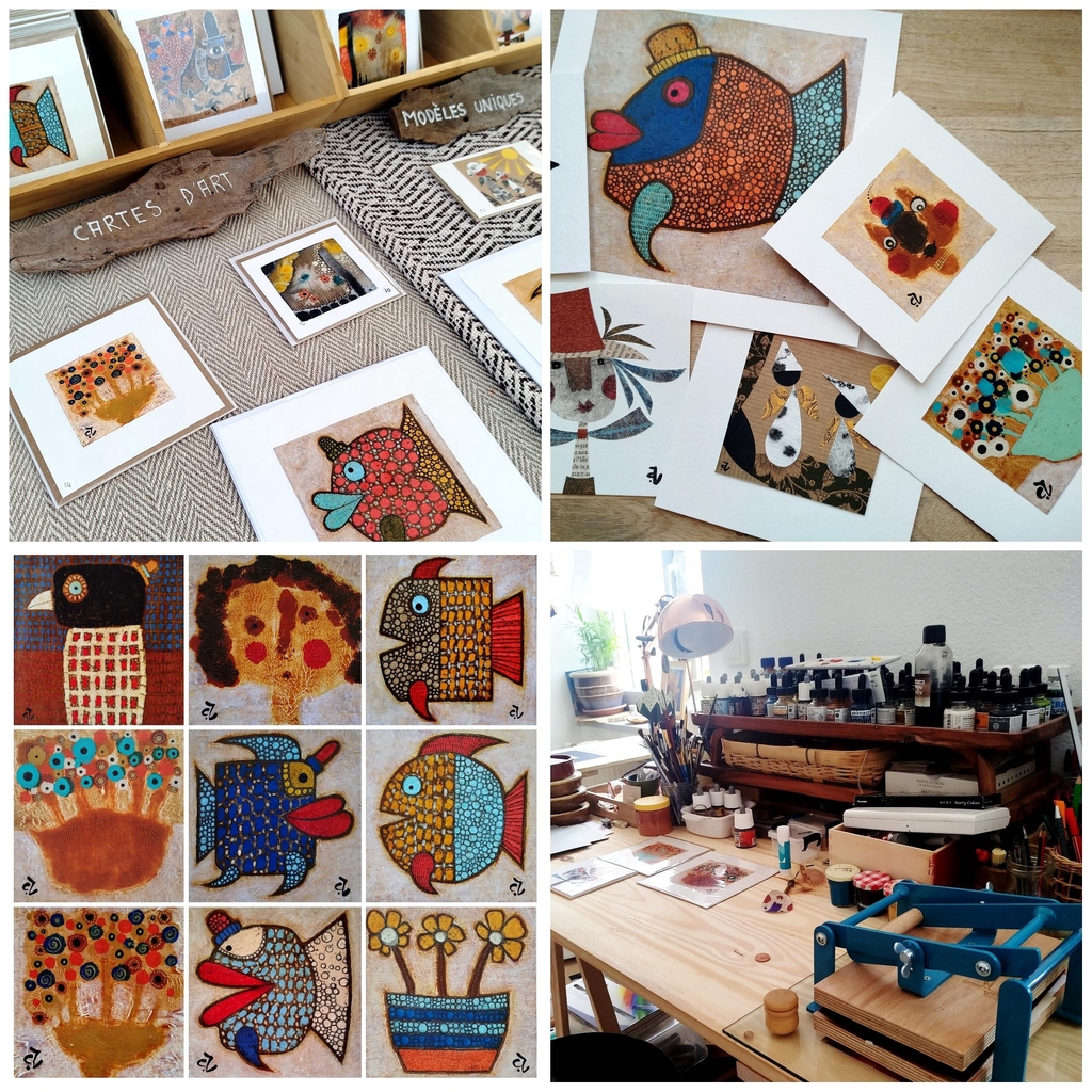 "Découvrez l'Atelier d'AZBORO ART, créatrice spécialisée en Art Singulier et carterie d'art petit format. Dans mon atelier, chaque pièce unique est le résultat d'une exploration technique : gravure, peinture, encre, empreintes, pastel à l'huile, acrylique, linogravure, estampe, collage et cyanotype fusionnent sur papier. Je crée des œuvres originales, joyeuses et accessibles, conçues comme de véritables laboratoires d'expériences artistiques miniatures à collectionner."

