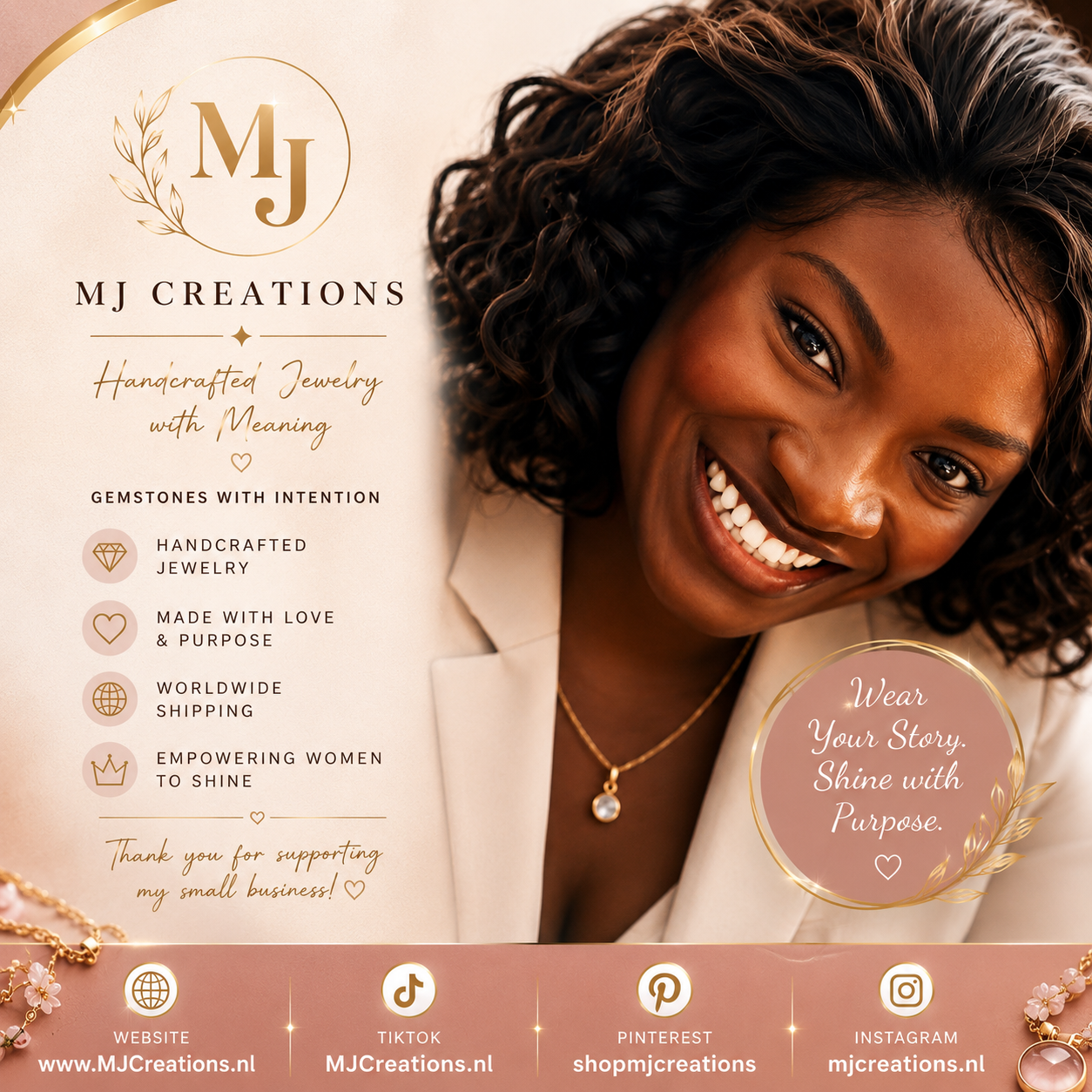 “Every piece is handcrafted with love by Efua, founder of MJ Creations.”