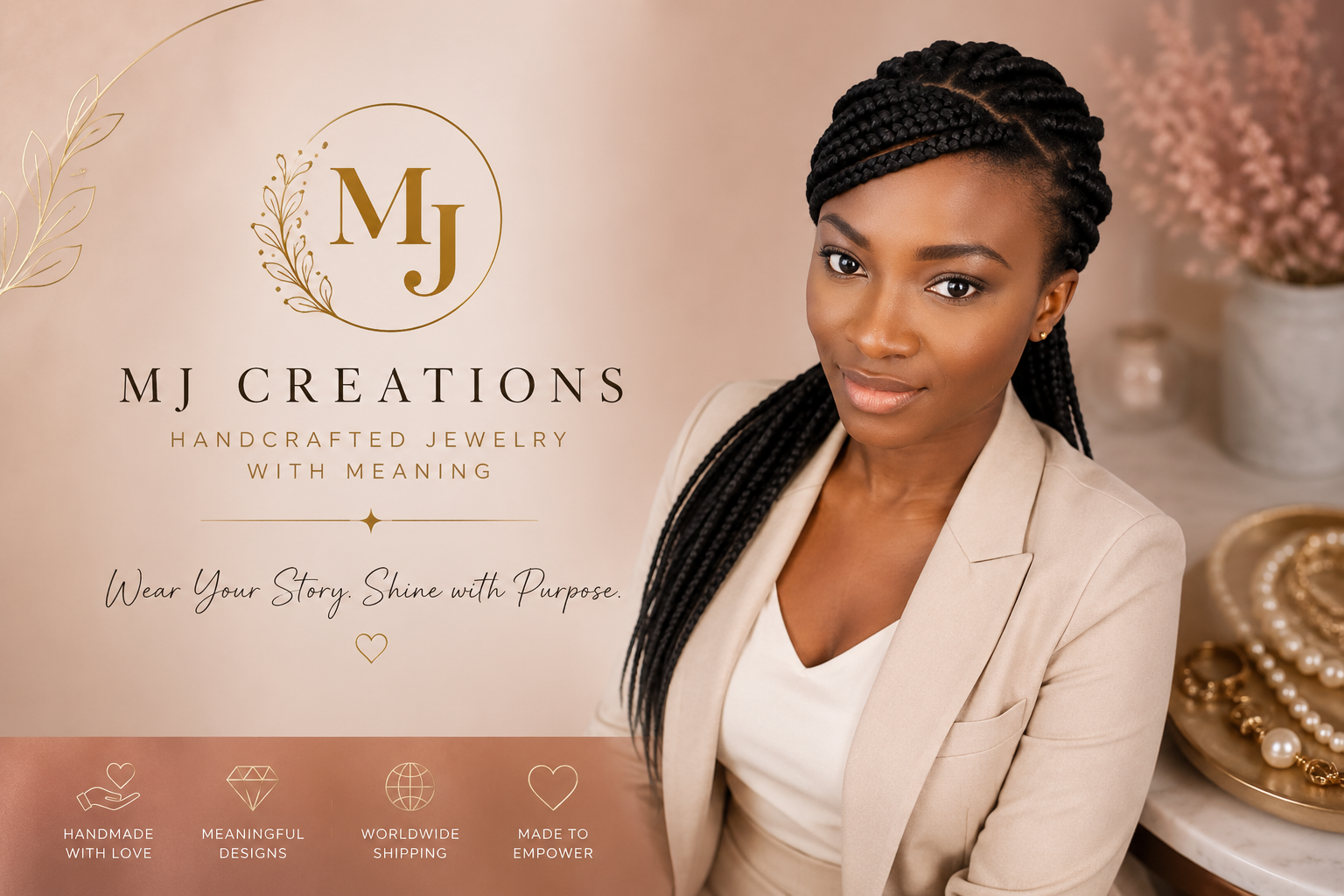 Portrait of Efua de Jong, founder of MJ Creations, wearing handcrafted jewelry with meaning. Handmade jewelry brand from The Netherlands.