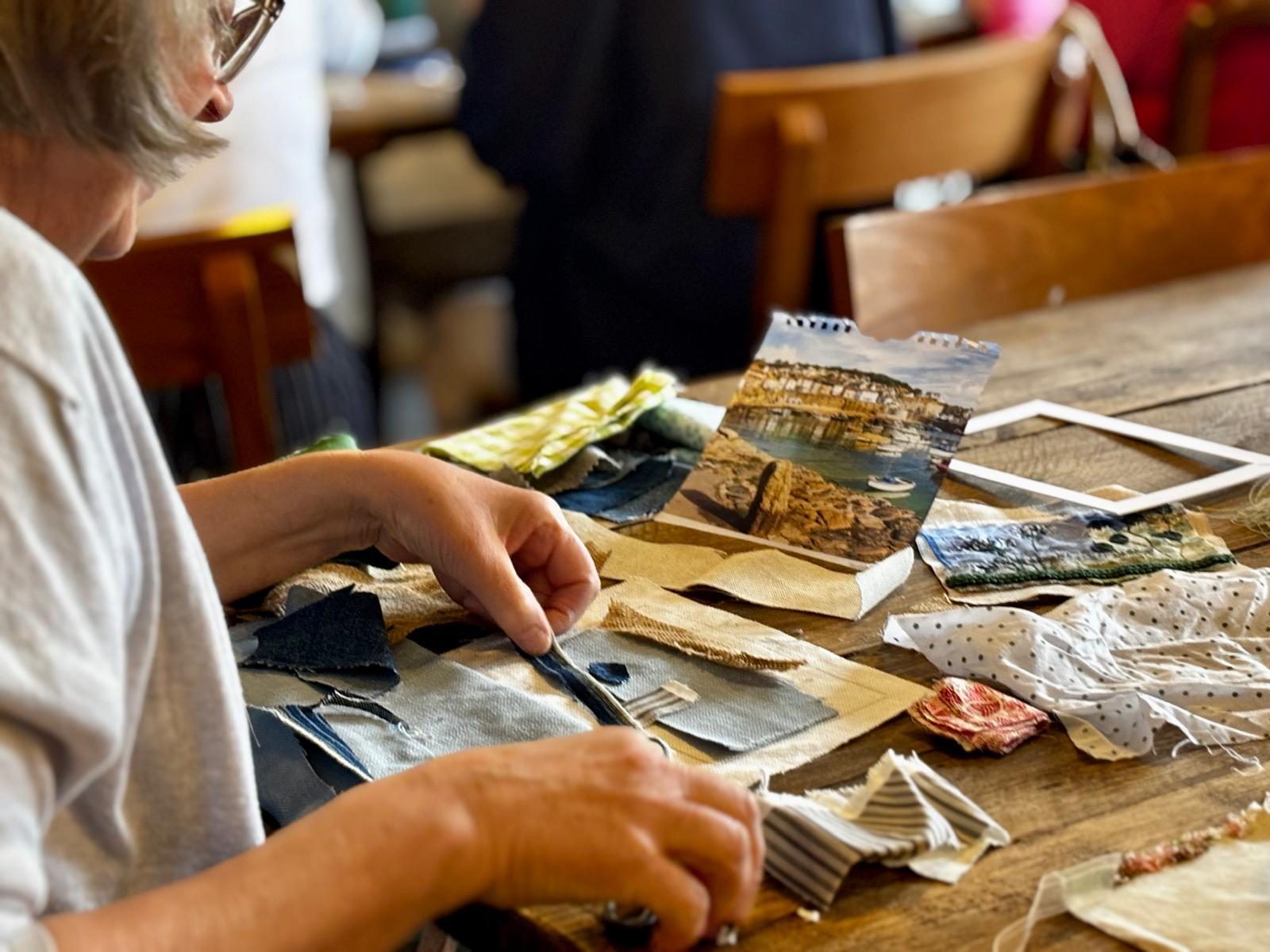 Fabric Postcard workshop, creative corner, Goyt mill