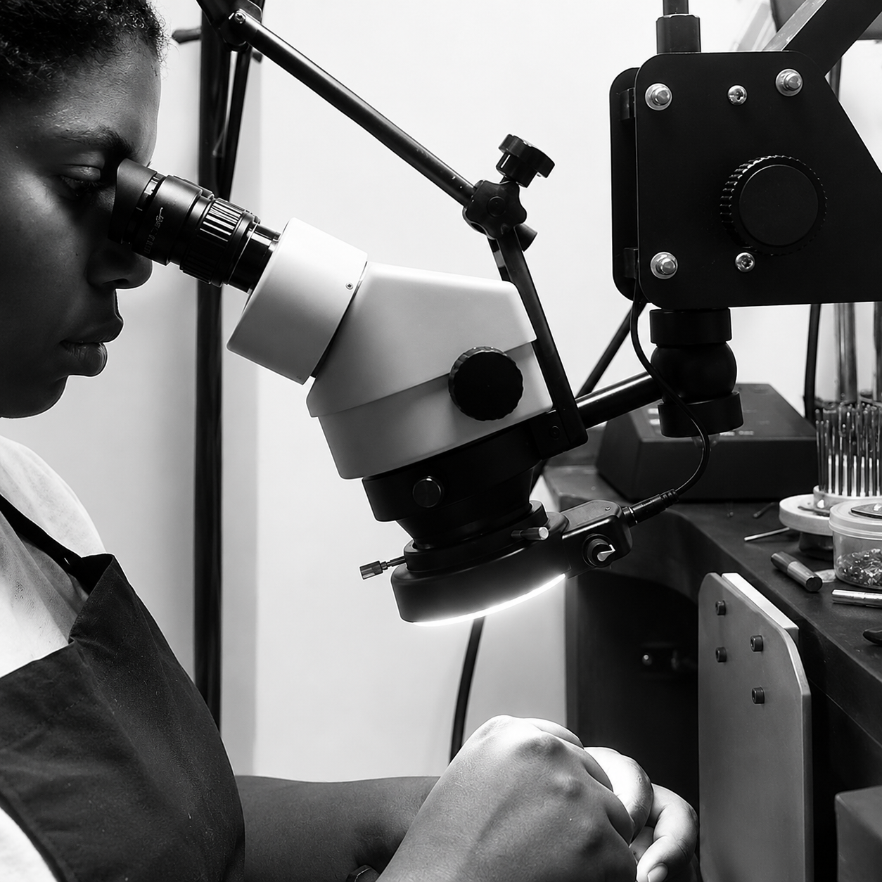 Jeweller hand setting a gemstone under a microscope in a jewellery workshop