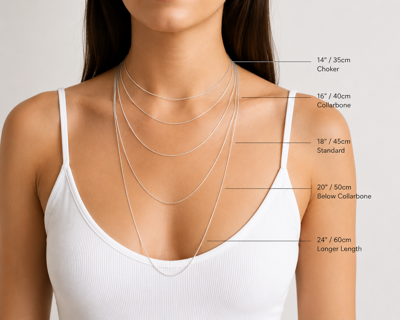 Handmade sterling silver necklace chain length guide showing 14, 16, 18, 20 and 24 inch chain lengths on a model
