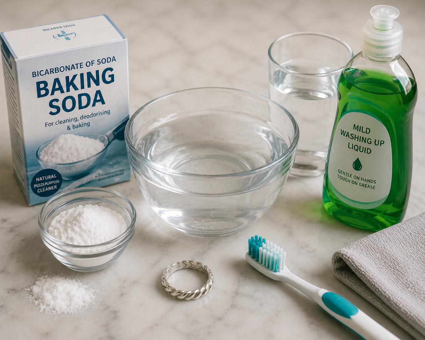 Cleaning supplies for sterling silver jewellery including baking soda, washing-up liquid, an extra-soft toothbrush and a silver ring.