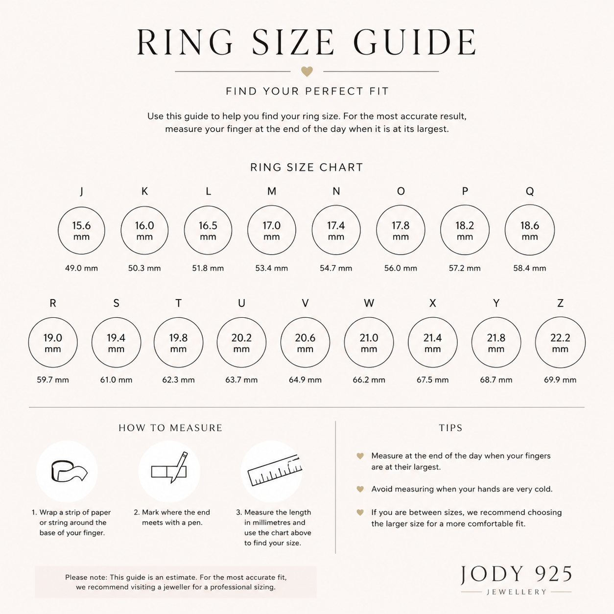Ring size guide chart showing UK ring sizes, inside diameters and finger measurements.