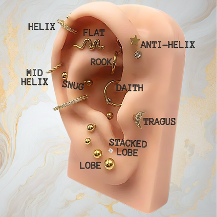 L’acupuncture est une discipline thérapeutique non médicamenteuse issue de la tradition médicale chinoise, reposant sur la stimulation de points précis pour rétablir l’équilibre énergétique du corps.

La publication suivante a été réalisée en collaboration avec une acupunctrice diplômée, en nous appuyant sur les zones énergétiques utilisées en acupuncture.

Certaines zones du corps sont associées, à un possible mieux-être. Elles sont présentées avec sérieux et réflexion mais cela reste complémentaire et ne doit pas être considéré comme un traitement médical et ne
remplace en aucun cas un avis médical.

Le piercing peut être un geste esthétique, symbolique ou personnel… et si en plus vous y trouvez du confort ou un bien-être supplémentaire, c’est un plus !
PIERCINGS inspirés
de l’ACUPUNCTURE