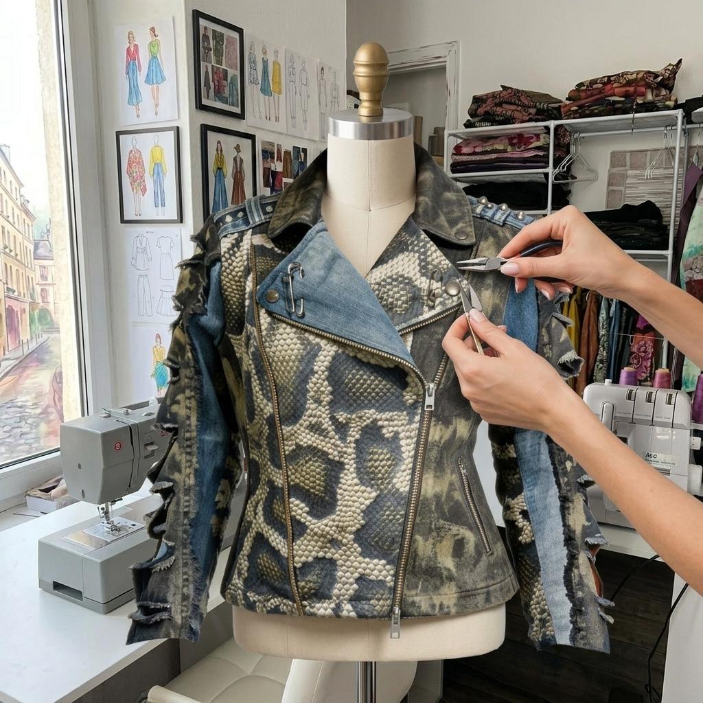 Mani che lavorano su un bozzetto di moda raffigurante una giacca patchwork in denim, tessuto mimetico e quadri rossi, su un tavolo da lavoro con macchina da cucire, stoffe e strumenti sartoriali vicino a una finestra.
