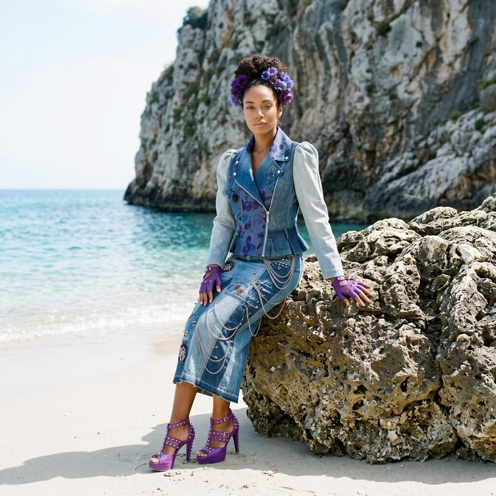 Modella della collezione Punk-à-Porter Capsul Coral Dream di Marita Balàzs, sulla spiaggia davanti a una scogliera, indossa un completo in denim decorato con dettagli floreali e catene, maniche bianche a sbuffo, guanti e sandali viola.
