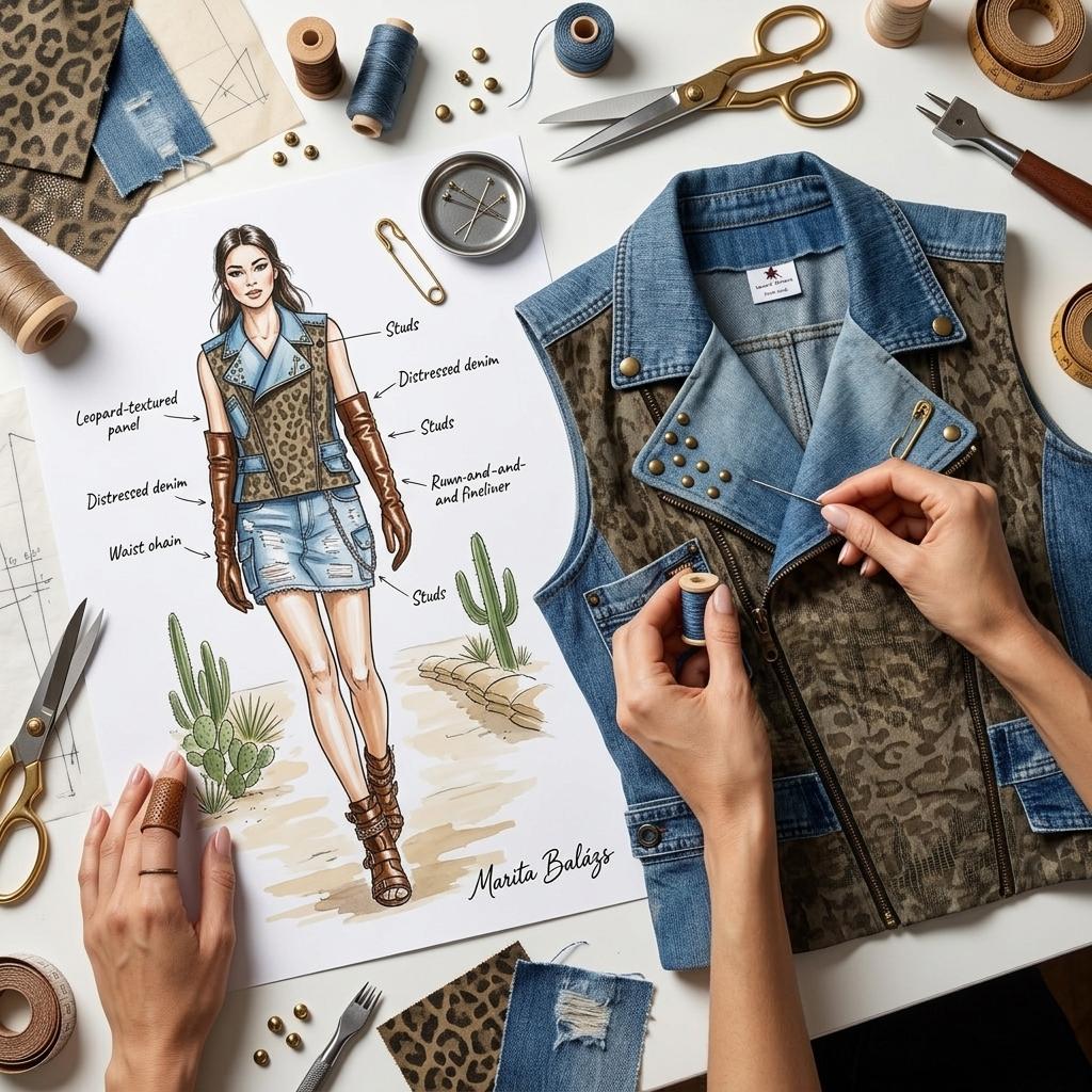 Giacca patchwork in denim e tessuto mimetico appoggiata su un tavolo da lavoro, circondata da forbici, fili, metro da sarta e pezzi di stoffa. Una mano tiene un bozzetto che mostra il design della giacca.