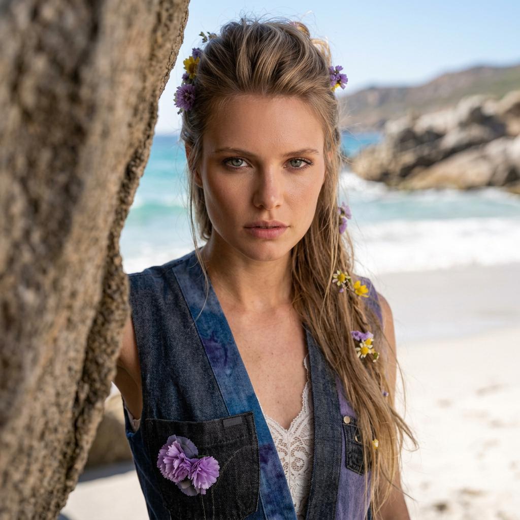 Modella della collezione Punk-à-Porter Capsul Coral Dream di Marita Balàzs, con capelli decorati da fiori viola e gialli, indossa un gilet in denim riciclato sopra un top in pizzo bianco, accanto a una scogliera affacciata sul mare turchese.
