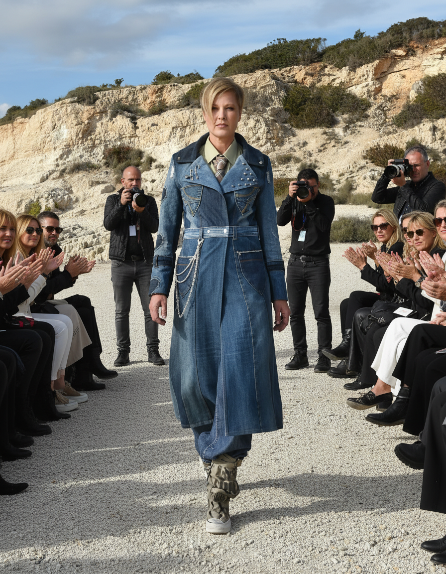 La Modella-Stilista Marita Balàzs sfila all’aperto su una passerella tra il pubblico, indossando un lungo cappotto in denim con dettagli metallici, catene e colletto a contrasto, abbinato a pantaloni animalier e sneakers. Sullo sfondo si vede una scogliera e il cielo azzurro.