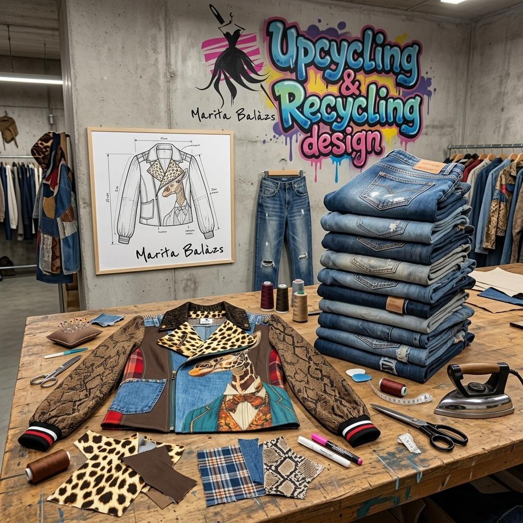Giacca patchwork in denim con grande simbolo della pace rosso sul retro, appoggiata su un tavolo da lavoro circondato da stoffe, fili e strumenti sartoriali. Sullo sfondo, un cartello dipinto a mano con la scritta "Upcycling & Recycling".
