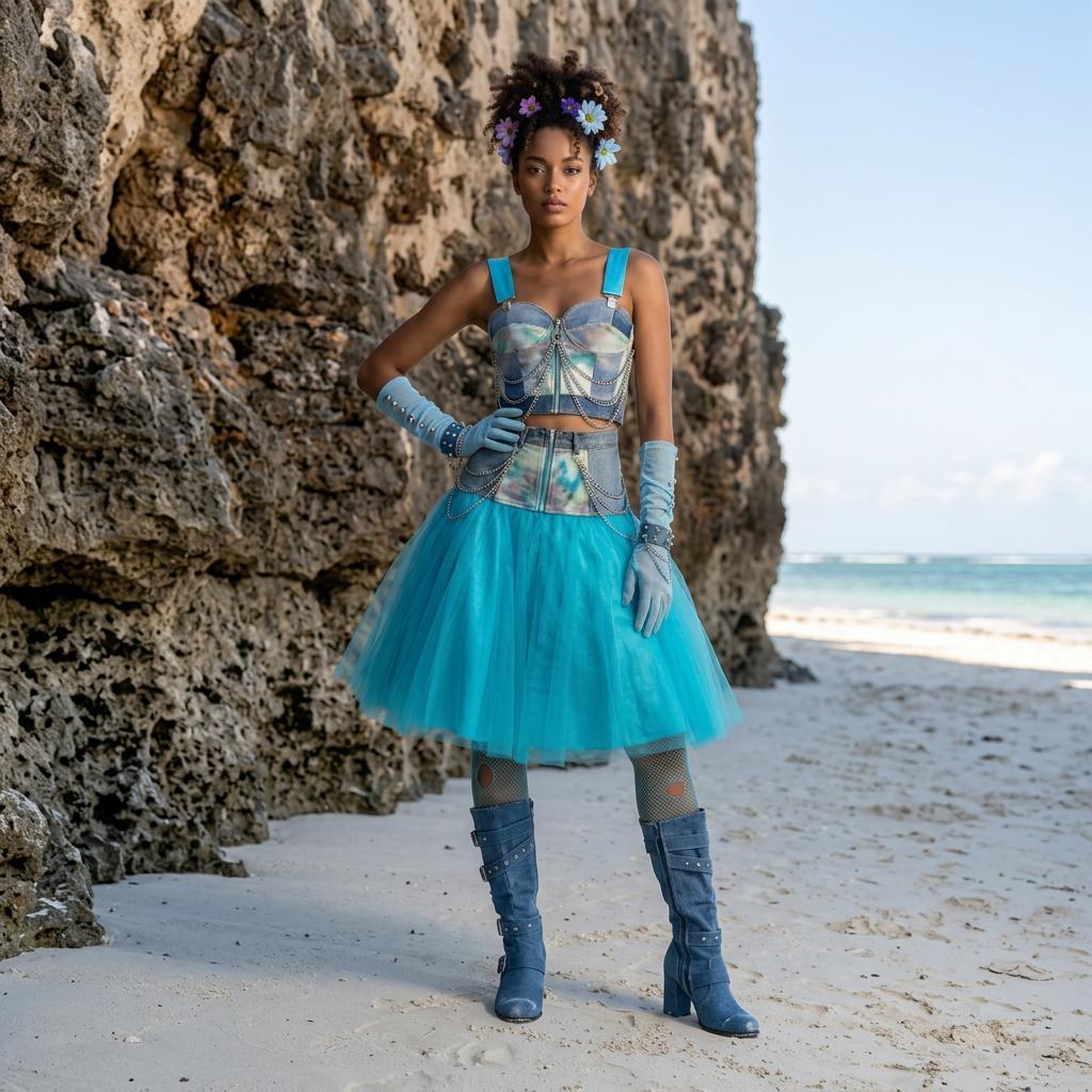 Modella della collezione Punk-à-Porter Capsul Coral Dream di Marita Balàzs, in posa su una spiaggia accanto a una scogliera, con top e gonna turchesi decorati da catene, guanti azzurri, stivali blu e fiori tra i capelli.
