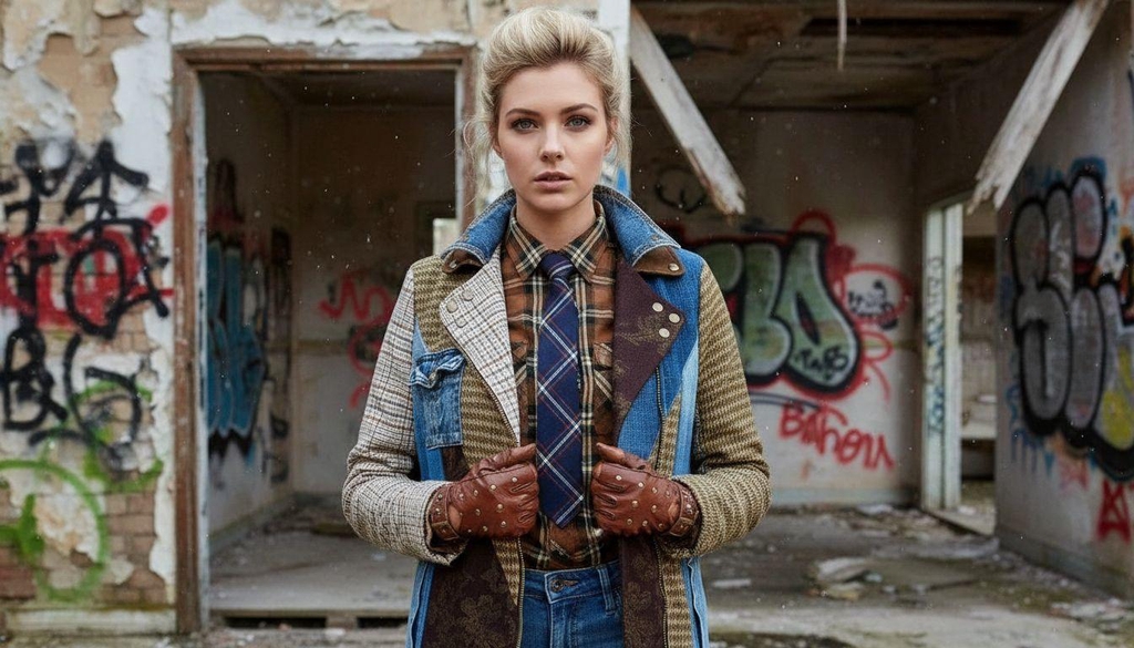 Modella in piedi davanti a un edificio abbandonato con pareti ricoperte di graffiti, indossa una giacca patchwork in tessuti misti, camicia a quadri, cravatta e guanti marroni decorati, con jeans a vita alta.
