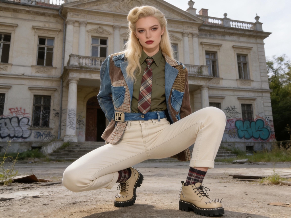 Modella della collezione Punk-à-Porter di Marita Balàzs in posa accovacciata davanti a una villa storica abbandonata con graffiti, indossa giacca patchwork in denim e tweed, camicia verde oliva, cravatta scozzese, jeans panna e anfibi beige con maxi borchie metalliche.